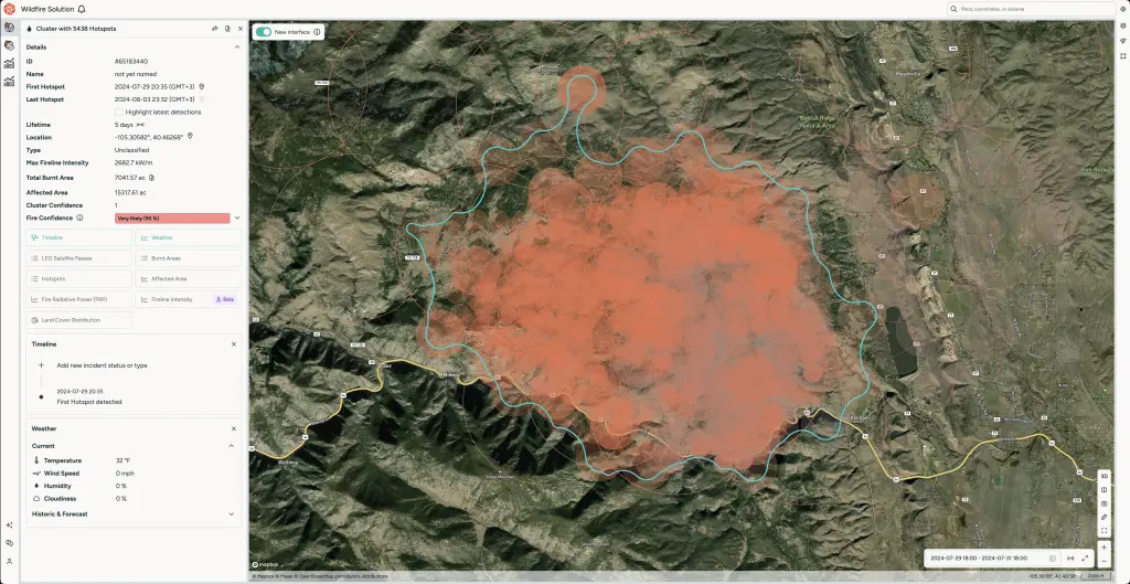 The Alexander Mountain Fire in Larimer County as seen in OroraTech's Wildfire Solution, July 2024
