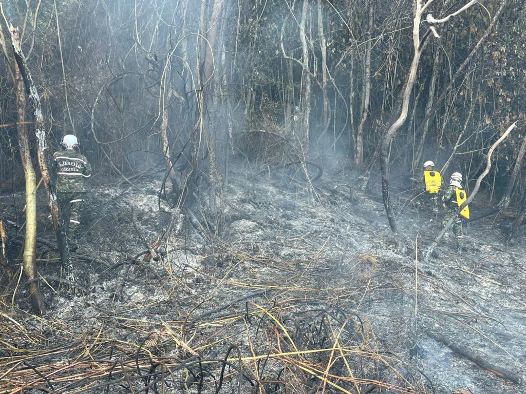 Members of Colombia’s National Unit for Disaster Risk Management (UNGRD) work through dense terrain to contain a forest fire and prevent further spread.