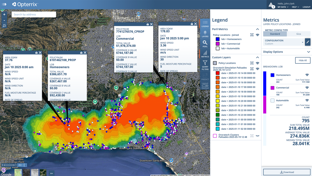 OroraTech Fire Spread modelling integrated into the Opterrix platform, visualizing affected policyholders in the Palisades Fire