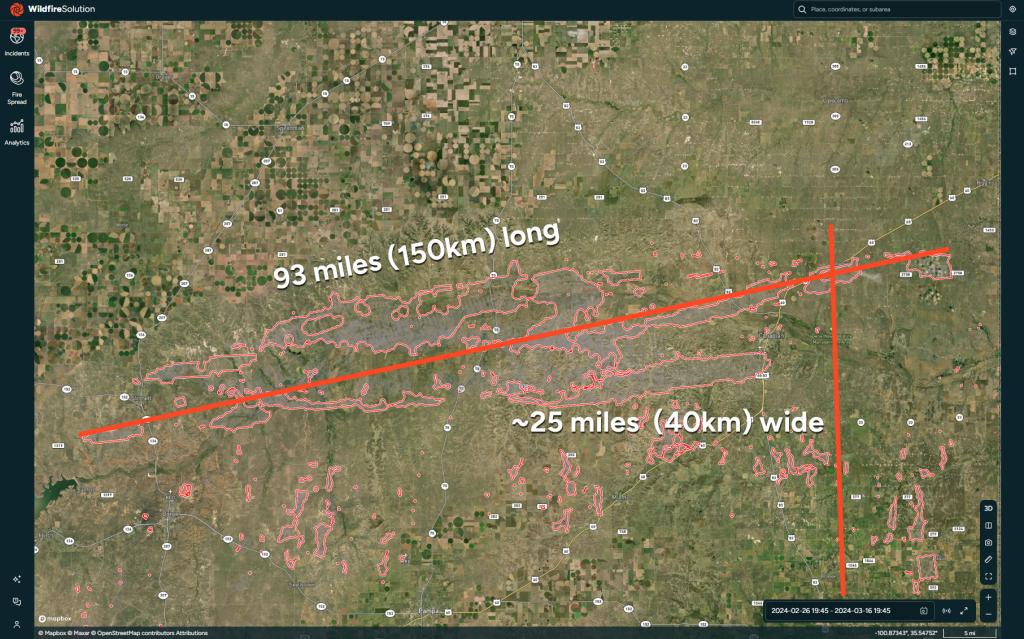 The total size of the Smokehouse Creek fire within our Wildfire Solution platform