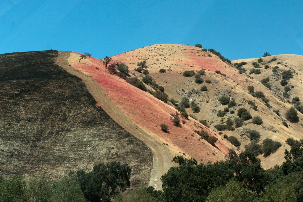 A fire break on the Tumbleweed Fire near Los Angeles by JPxG. Firefighters were able to dig out the vegetation and buttress it with fire retardant behind (in red).